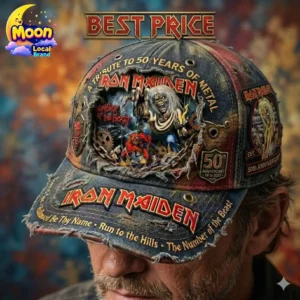 Distressed Iron Maiden 50th Anniversary tribute baseball cap