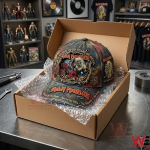 Iron Maiden 50th anniversary collectible baseball cap inside a shipping box