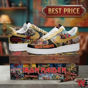 Custom sneakers featuring Iron Maiden album art graphics on a wooden collectors box.