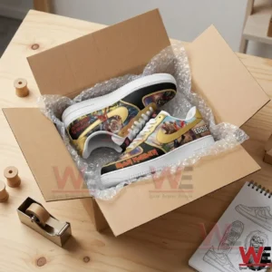 Custom Iron Maiden graphic sneakers packaged in a shipping box