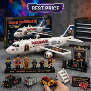 Iron Maiden Ed Force One construction set featuring the band airplane, stage, and Eddie minifigures.