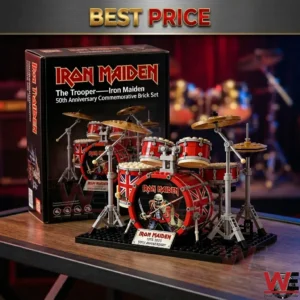 A miniature block model of an Iron Maiden drum kit and its original packaging displayed on a wooden surface!