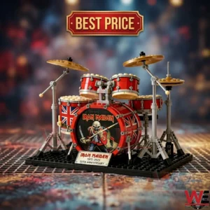 Miniature block construction model of an official Iron Maiden drum set with themed graphics on a metal rack!