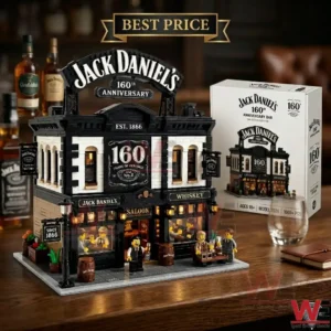 Jack Daniel's 160th Anniversary Saloon building block set with minifigures on a wooden table.