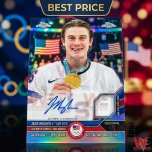 A collectible trading card of hockey player Jack Hughes holding his gold medal with a blue autograph and a white jersey patch!