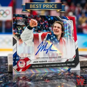 Jack Hughes 2026 Olympics Topps Now Card 3 A shimmering holographic trading card of Jack Hughes celebrating his Olympic victory with a blue signature!
