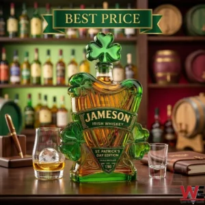 Jameson St. Patrick's Day Edition whiskey bottle shaped like a harp with shamrock accents on a bar counter.