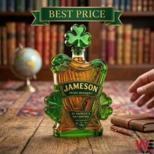 Jameson St. Patrick's Day Edition whiskey bottle with shamrock design on a wooden desk.