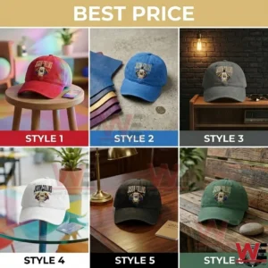 Collection of six different color Jason Collins baseball caps on display