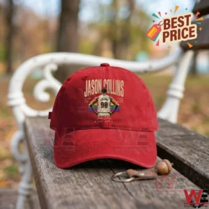 Red baseball cap featuring Jason Collins basketball graphic