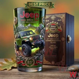 Jeep 85th anniversary commemorative glass with off-road vehicle illustration