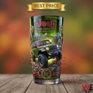 Green Jeep 85th anniversary commemorative insulated tumbler with off-road mountain scenery.