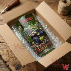 Green Jeep 85th anniversary commemorative drinking glass in cardboard shipping box