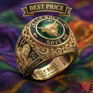 Custom gold music commemorative ring featuring a highland cow, portrait, and Jelly Roll branding.