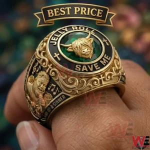 Custom gold signet ring featuring Jelly Roll imagery and highland cow emblem