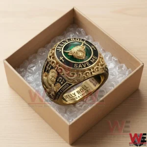 Custom gold championship-style ring featuring Jelly Roll imagery and lyrics inside a gift box.