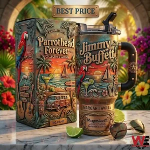 Jimmy Buffett Margaritaville themed collector's edition insulated travel tumbler with matching packaging