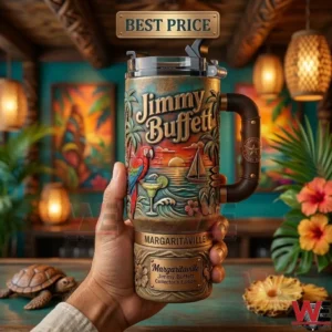 Jimmy Buffett Margaritaville Parrothead 40oz Tumbler 5 A decorative Jimmy Buffett Margaritaville themed insulated travel tumbler held in a hand.