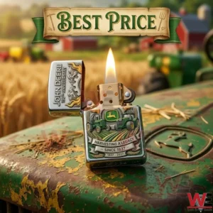 John Deere 190th anniversary commemorative metal lighter on a tractor hood.