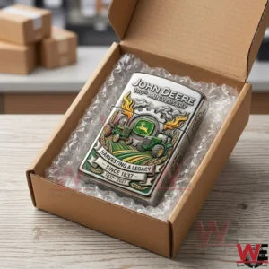 John Deere 190th anniversary commemorative metal lighter inside a shipping box