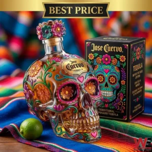 A Jose Cuervo sugar skull tequila bottle with colorful floral designs next to its black retail box.