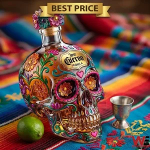 A sugar skull shaped glass bottle with a lime and a silver shot cup on a Mexican blanket.