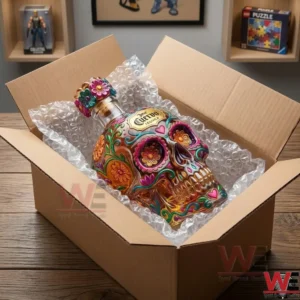 A glass skull bottle for tequila packed in a brown shipping box with protective bubble wrap.