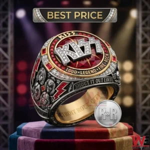 Custom KISS rock band championship ring with intricate band member engravings and gem accents.