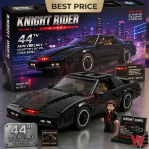 Knight Rider KITT model building set with 44th anniversary packaging and Michael Knight minifigure.