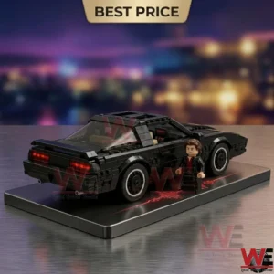 Black brick-built sports car with a minifigure on a display stand