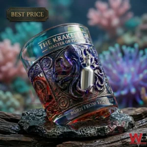 The Kraken Rum whiskey glass with nautical octopus engraving and 3D bottle detail.