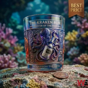The Kraken Rum branded whiskey glass with octopus embossing