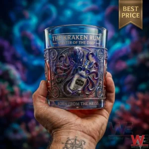 A hand holding a Kraken Rum embossed glass featuring an octopus design