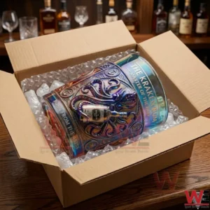 Iridescent Kraken Rum collectible glass packed in a cardboard shipping box.