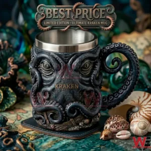 Sculpted dark Kraken mug on a coastal themed table display!
