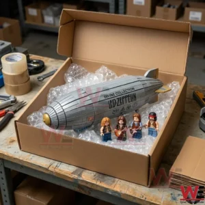 Led Zeppelin themed building block airship set with musician minifigures in a cardboard shipping box.