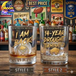 Two customized whiskey glasses celebrating a Buffalo sports team championship victory.