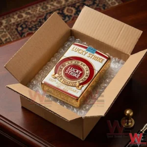 Lucky Strike 155th Anniversary Zippo lighter in an open shipping box