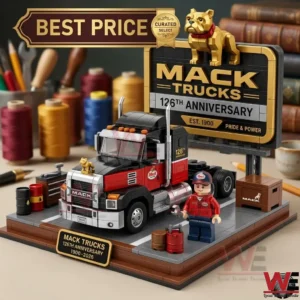 A detailed Mack Trucks 126th Anniversary building block model set with a minifigure and truck.