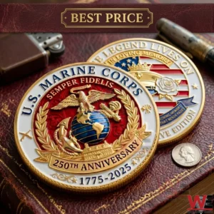 Detailed US Marine Corps 250th anniversary commemorative coins on a leather surface with objects and text!