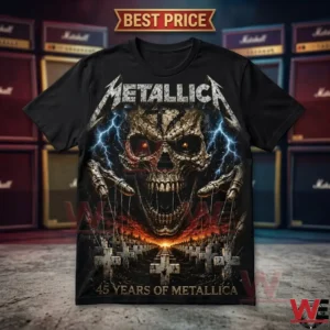 Black Metallica 45th anniversary graphic t-shirt featuring a skull and graveyard design.