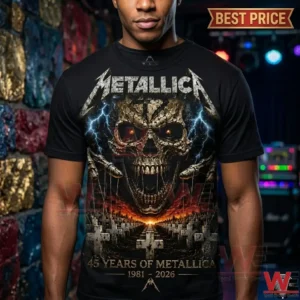 Man wearing a black Metallica 45th anniversary graphic t-shirt featuring a skull and graveyard design.