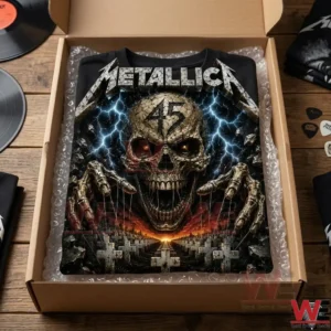 Metallica Master of Puppets graphic black t-shirt inside a shipping box