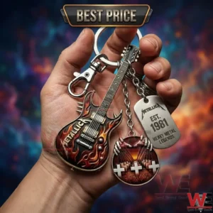 Hand holding a Metallica theme guitar keychain with a dog tag and Master of Puppets charm