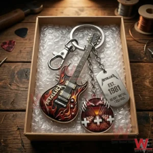 Metallica heavy metal themed guitar keychain gift set in a bubble-wrapped box.