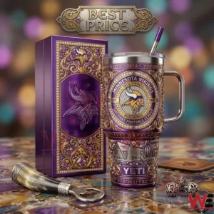 Minnesota Vikings themed insulated tumbler with ornate purple and gold detailing.