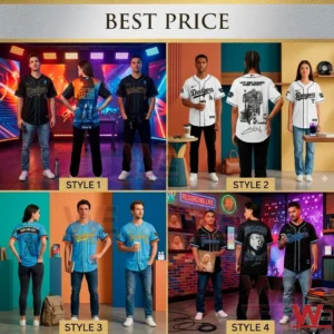 Three people model black baseball jerseys with blue trim!