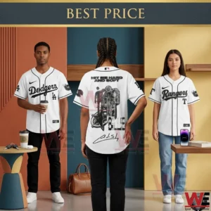 Models wearing white baseball jerseys with black graphics and team names!