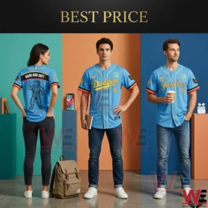 Three models posing in light blue baseball jerseys with yellow lettering!