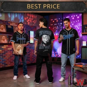 Black baseball jerseys with portrait graphics modeled in a studio setting!